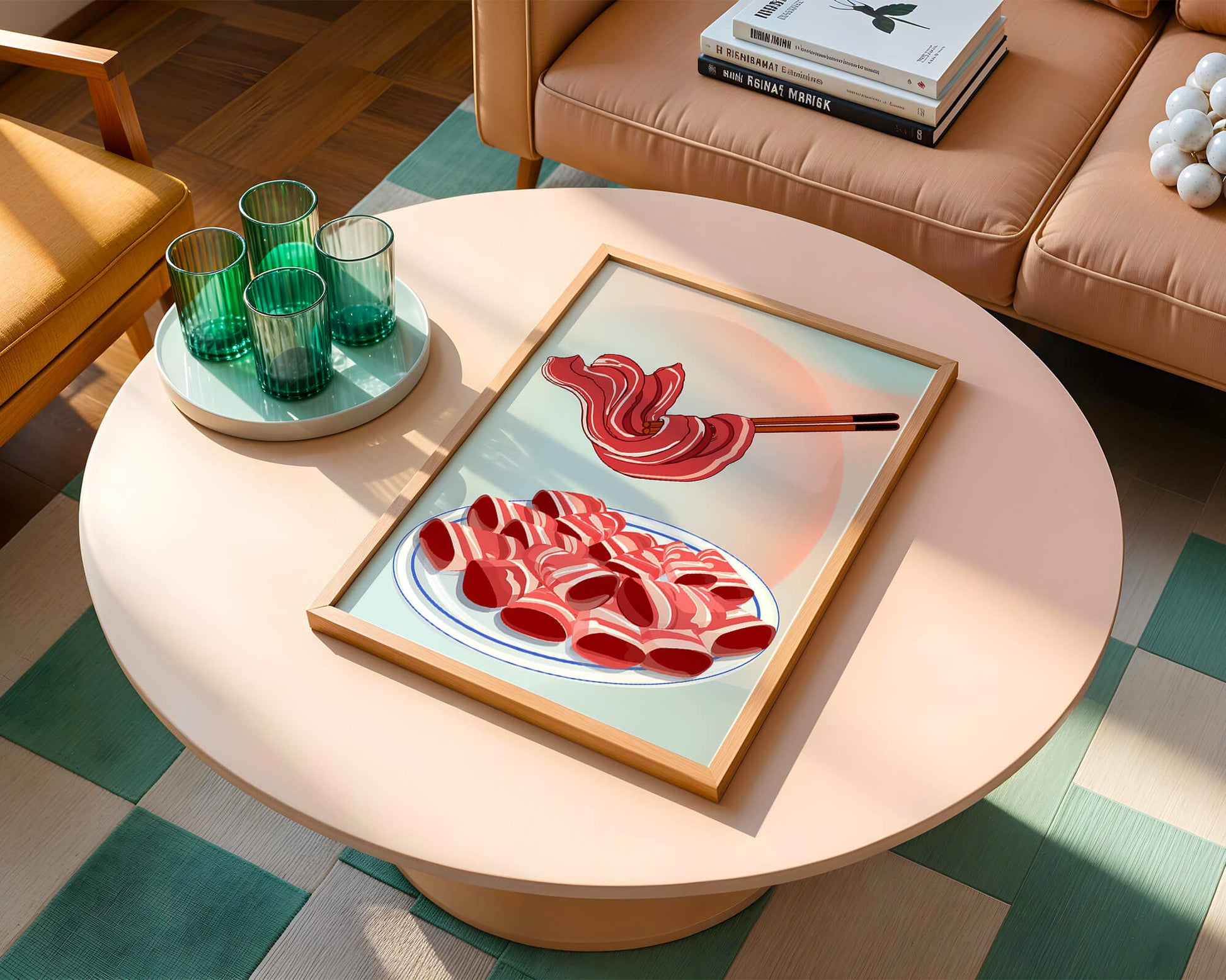 Delicious raw meat slices on plate with chopsticks in background