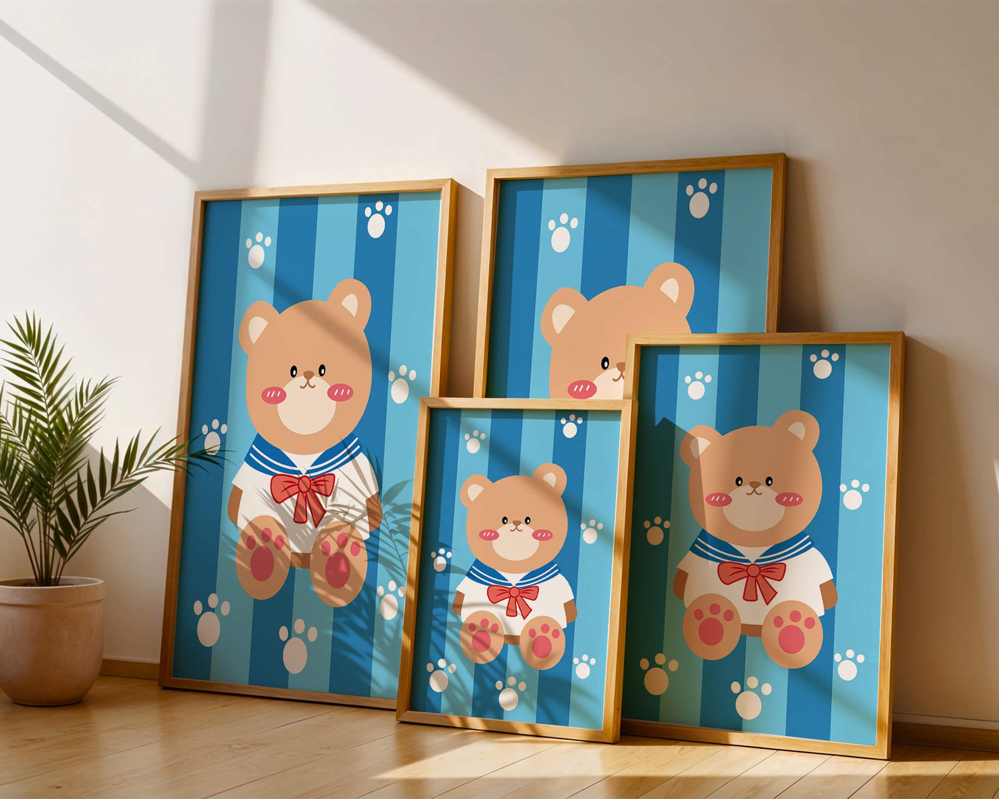 Adorable cartoon bear with sailor suit against striped background