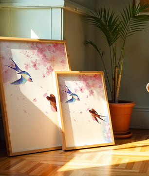 Pájaros coloridos y flores rosadas en una escena primaveral acuarelada