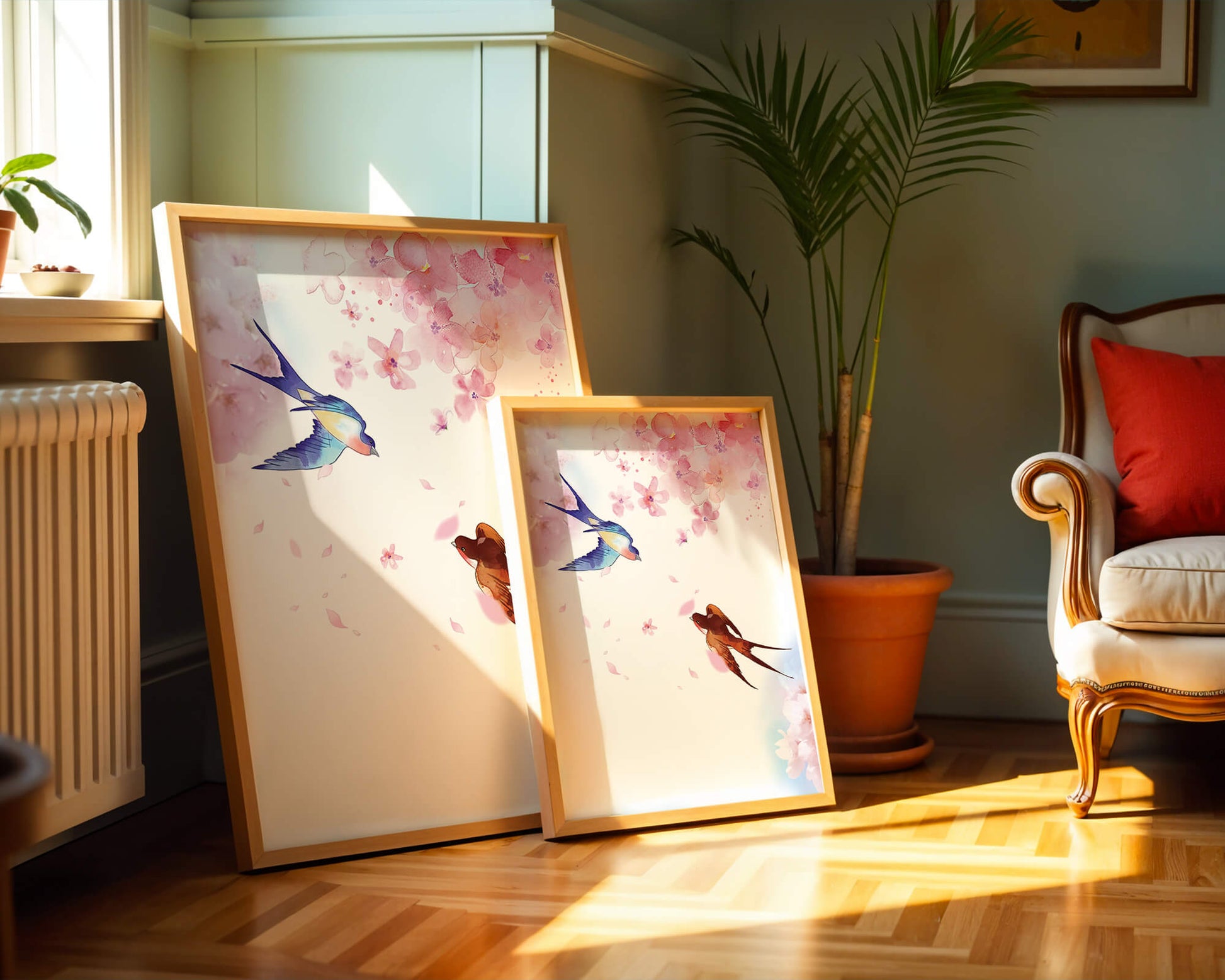 Pájaros coloridos y flores rosas en una escena primaveral de acuarela