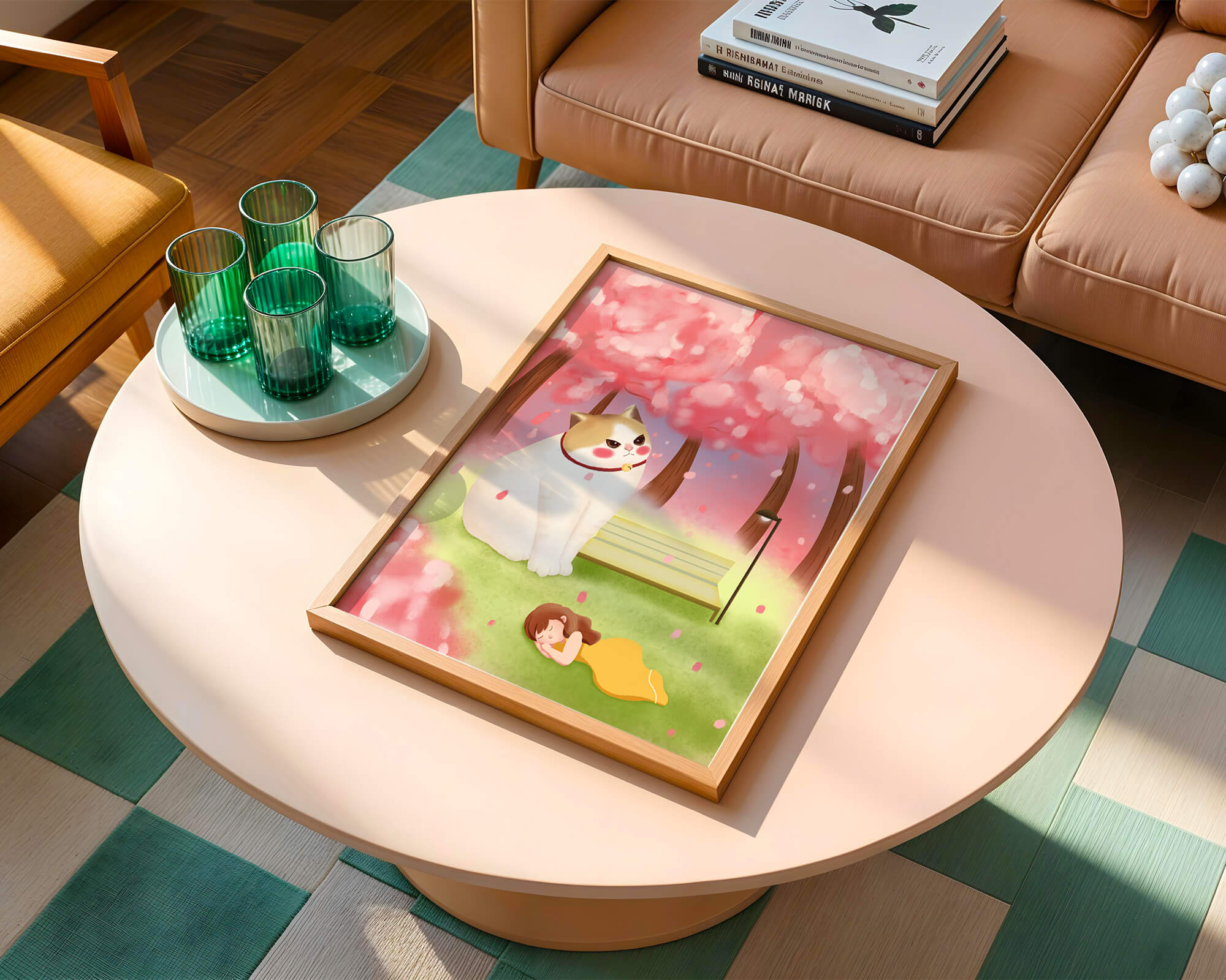Whimsical scene with giant cat and girl under cherry blossoms