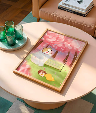 Whimsical scene with giant cat and girl under cherry blossoms