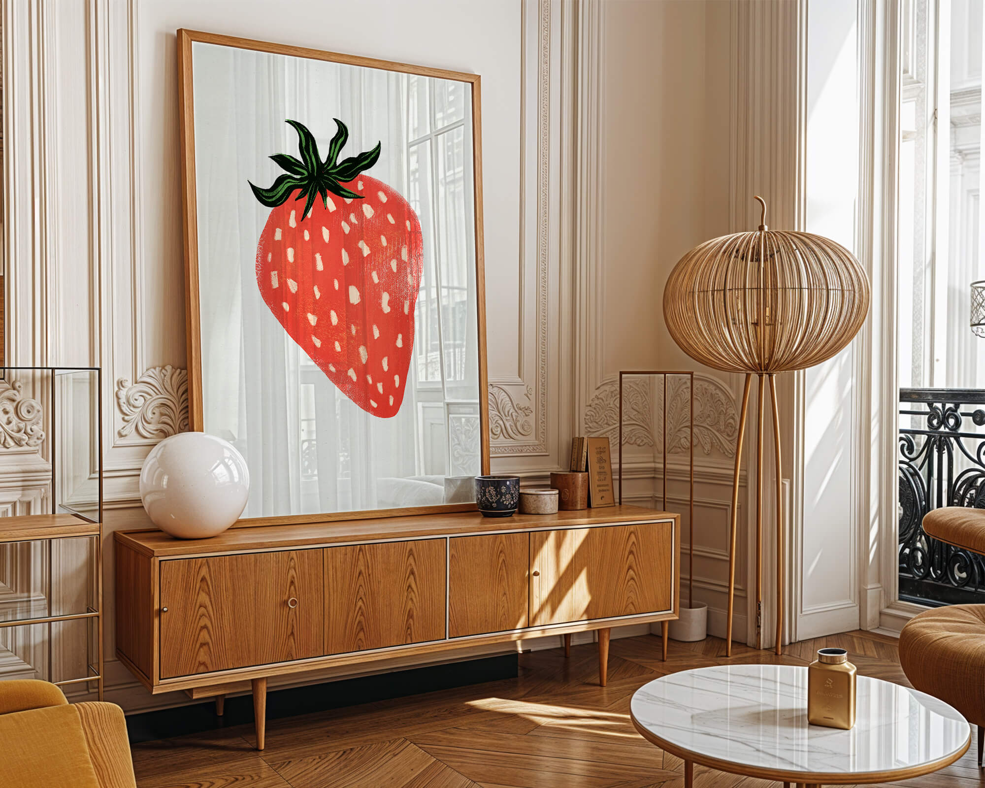 Illustrative design of a vibrant red strawberry with green leaves