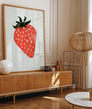 Illustrative design of a vibrant red strawberry with green leaves