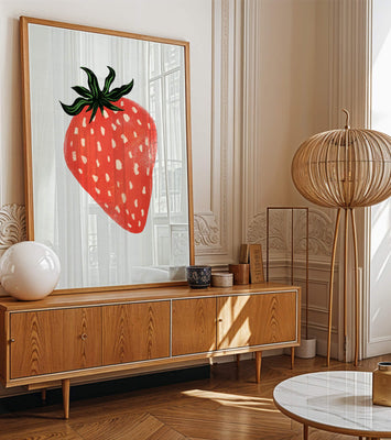 Illustrative design of a vibrant red strawberry with green leaves