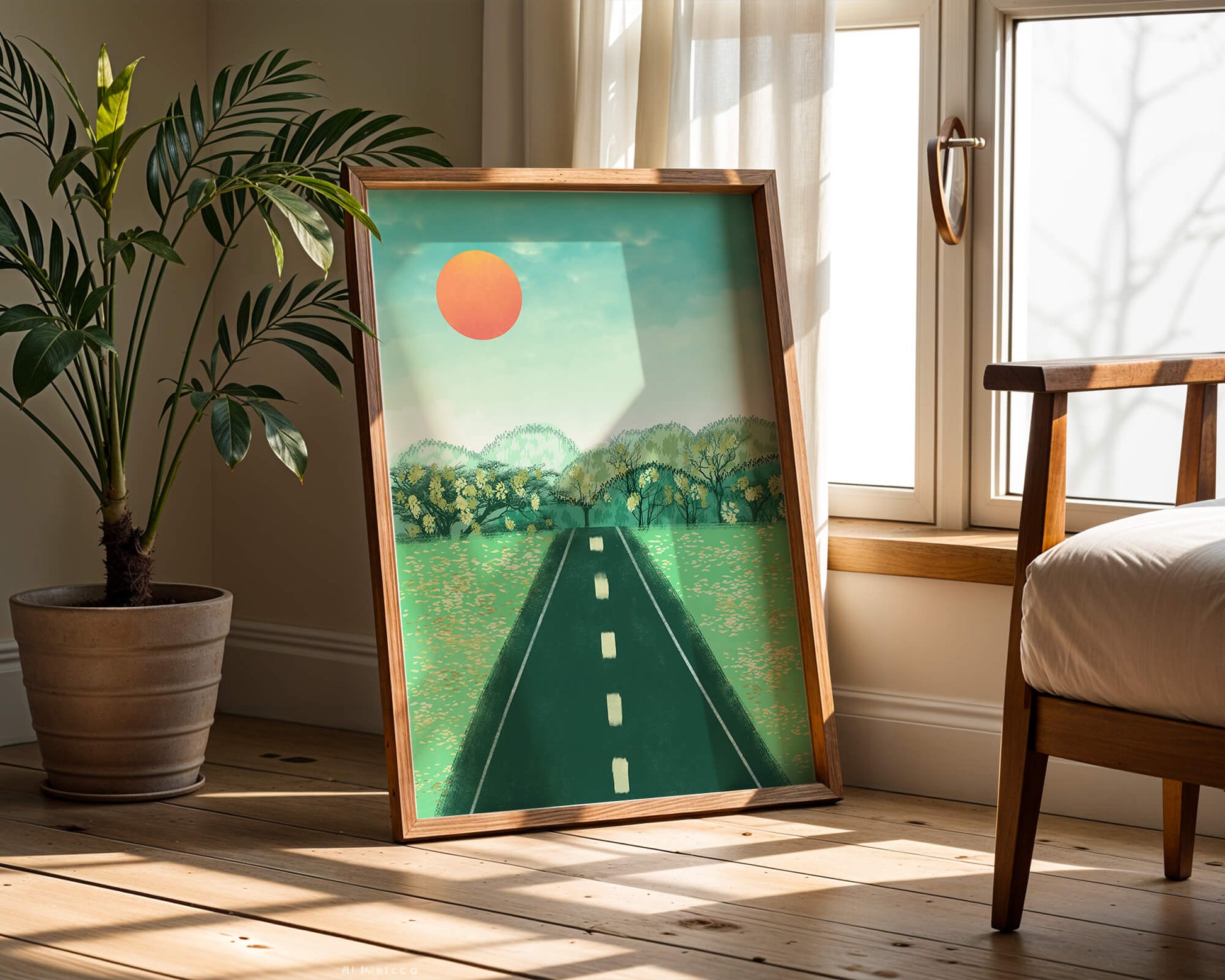 Serene Landscape with Road Leading to Sunset and Lush Greenery