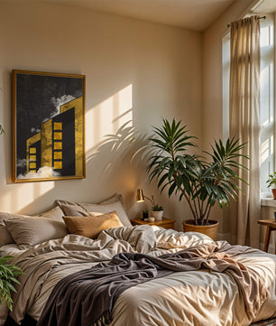 Ilustración arquitectónica artística con elementos dorados y cielo nocturno