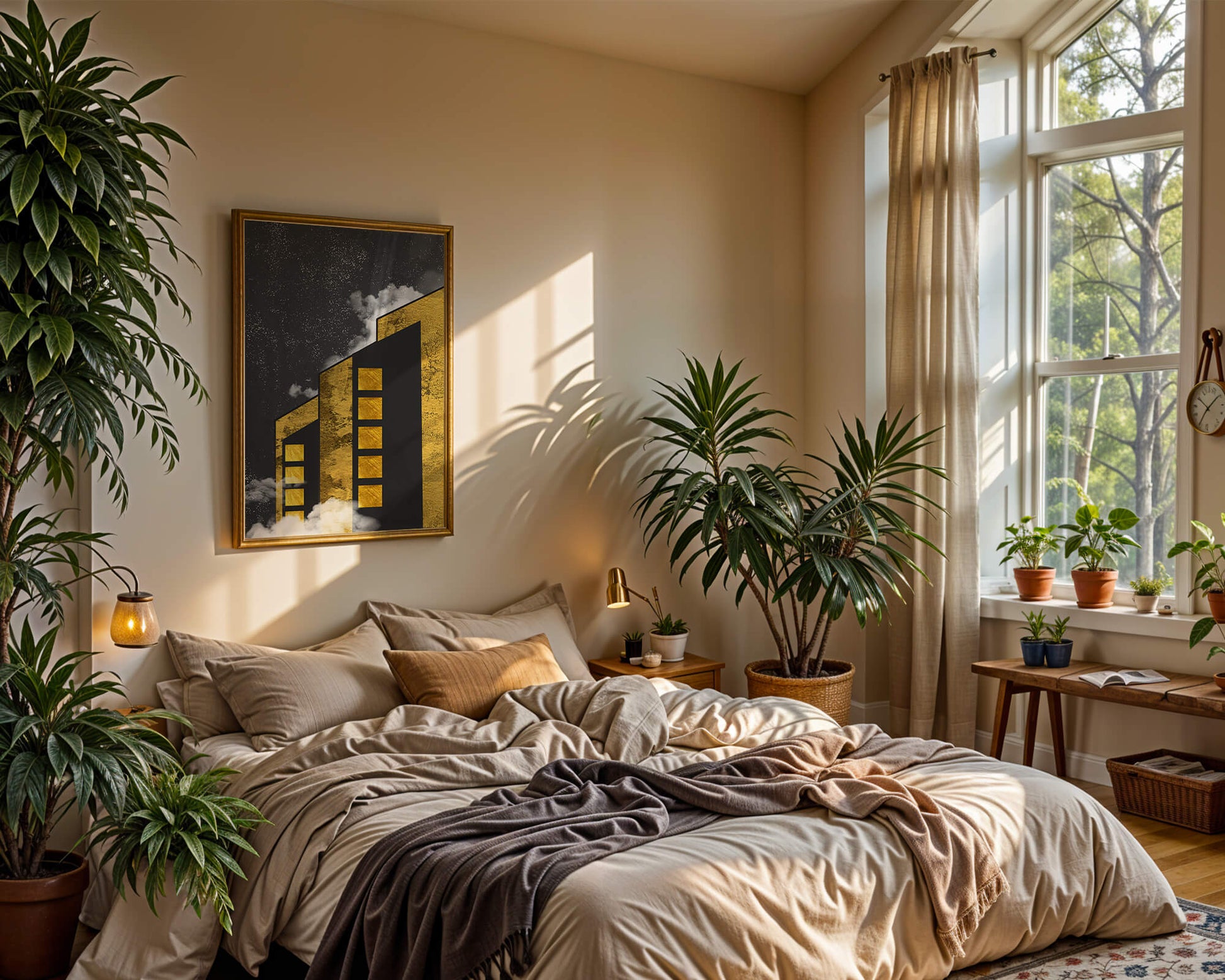 Artistic architectural illustration with golden elements and night sky