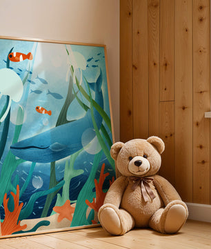 Underwater scene with whale, fish, and sea plants illustration