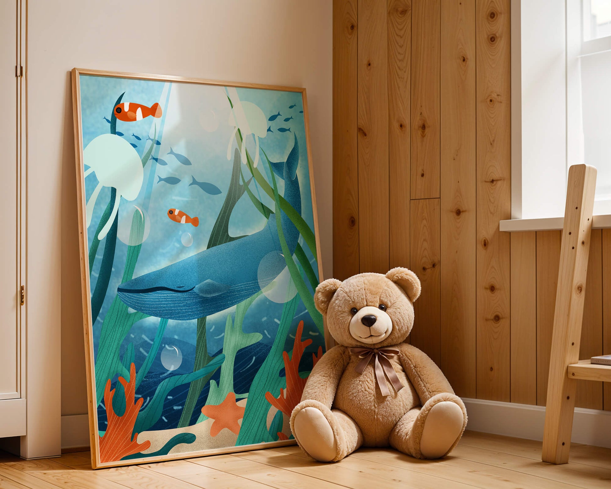 Underwater scene with whale, fish, and sea plants illustration