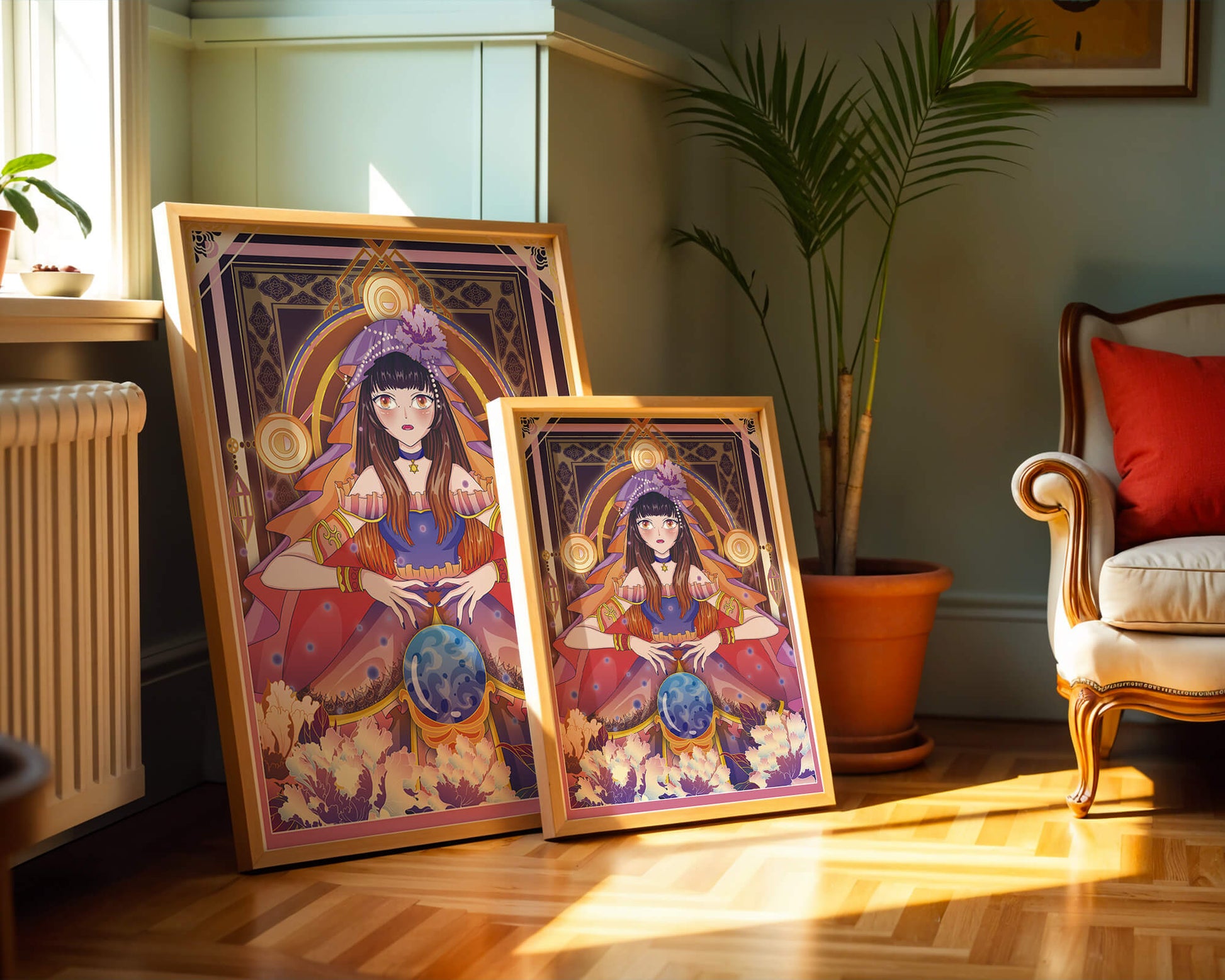 Fantasy Artwork Featuring a Fortune Teller with Crystal Ball and Flowers