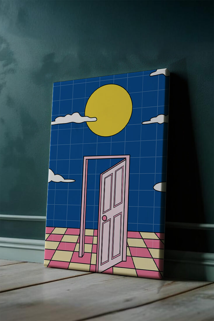 Surreal doorway with pink door under yellow sun and blue sky