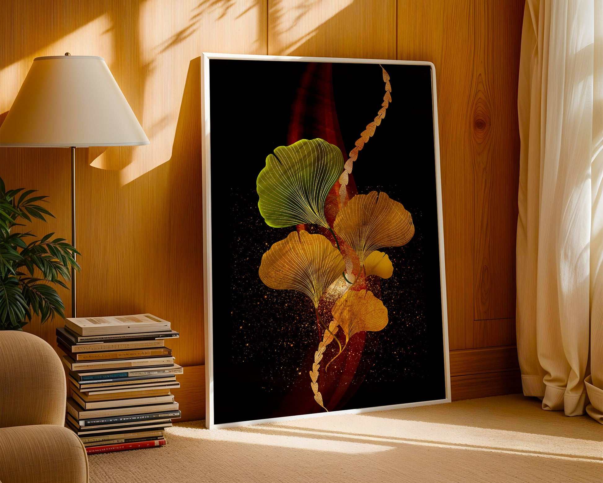 Art abstrait floral avec des feuilles de gingko dorées et un fond sombre