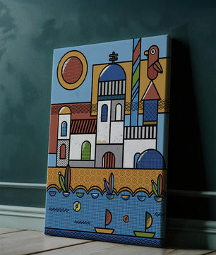 Bunte geometrische Küstendorf-Illustration mit Vögeln und Booten