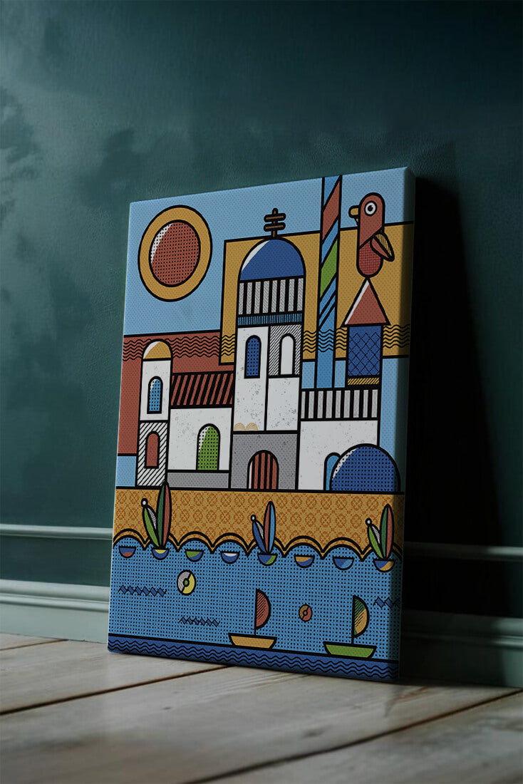 Bunte geometrische Küstendorf-Illustration mit Vögeln und Booten