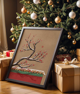 Illustration of blooming plum branch over traditional rooftop