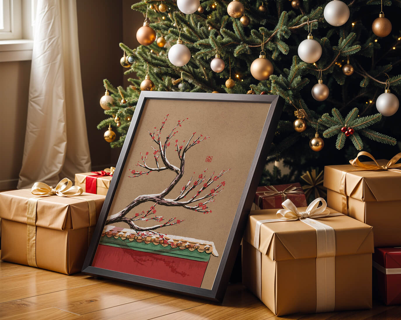 Illustration of blooming plum branch over traditional rooftop