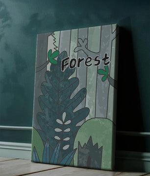 Illustrated forest scene with foliage and text