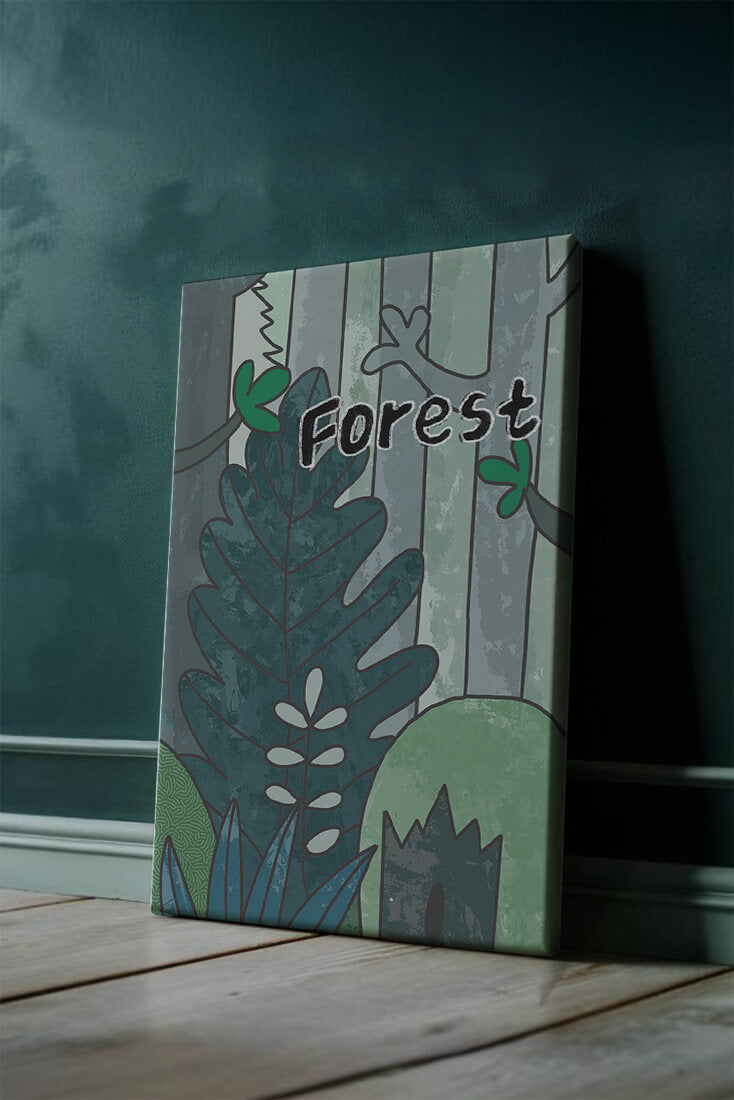 Illustrated forest scene with foliage and text