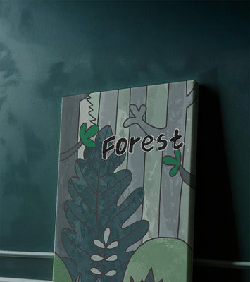 Illustrated forest scene with foliage and text