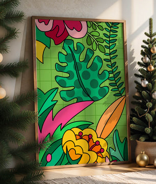 Colorful botanical illustration with vibrant tropical elements