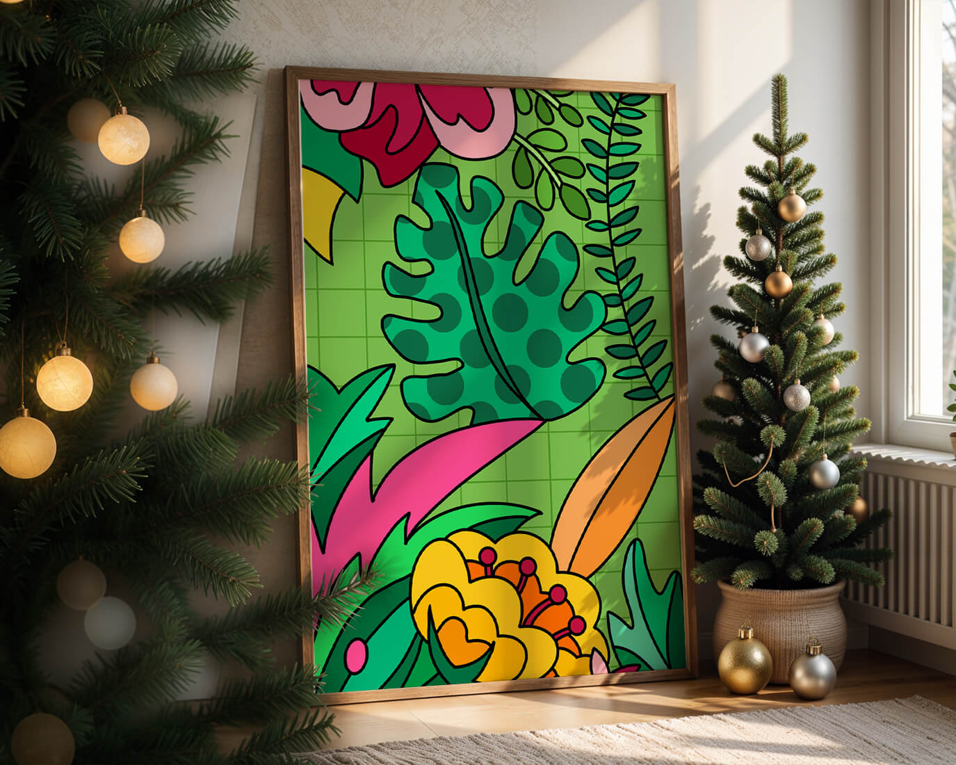 Colorful botanical illustration with vibrant tropical elements
