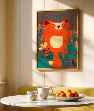 Illustration Of A Cute Orange Cat Surrounded By Stylized Trees And Plants