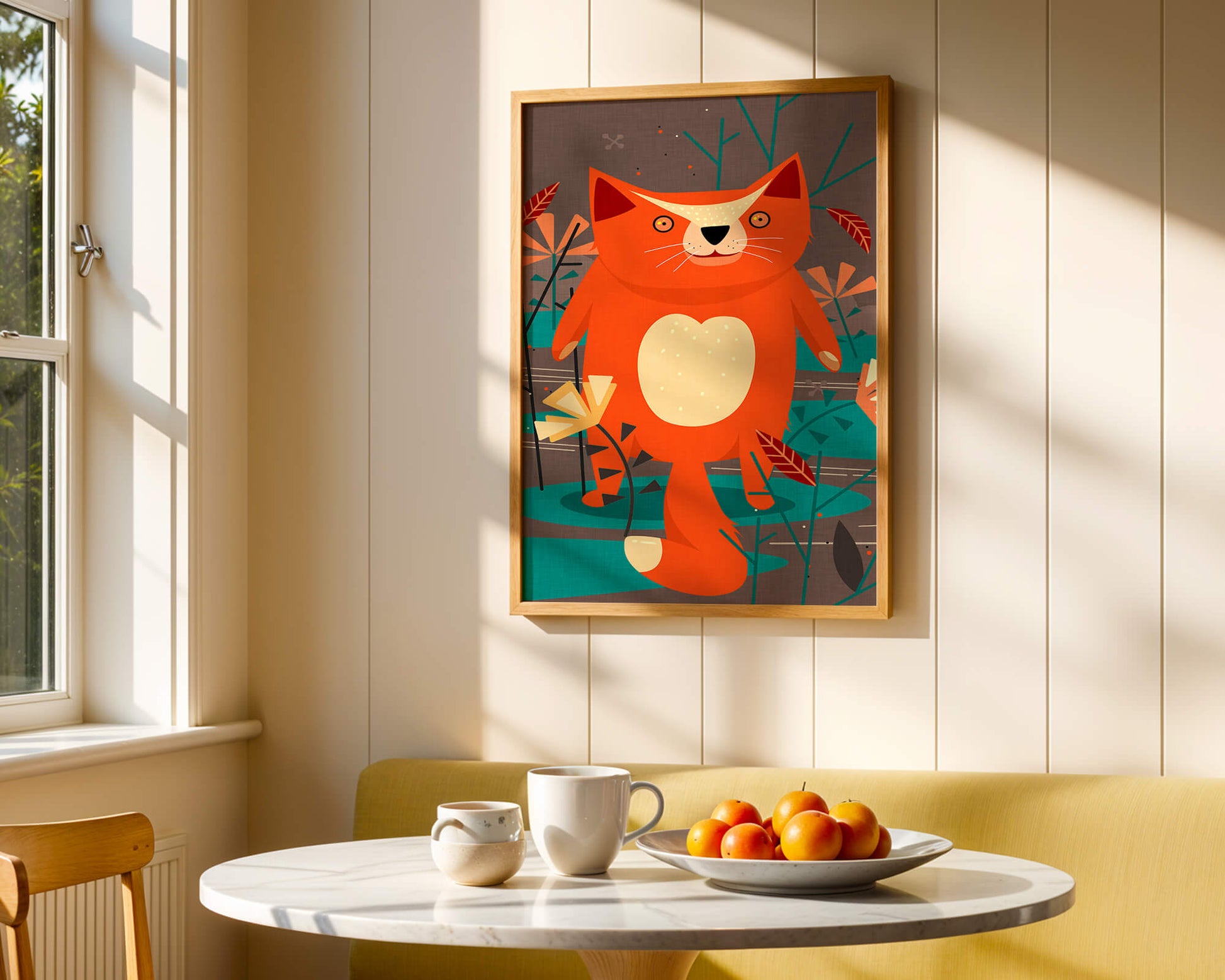 Illustration Of A Cute Orange Cat Surrounded By Stylized Trees And Plants