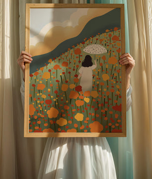 Woman with Umbrella in Blooming Field on a Sunny Day