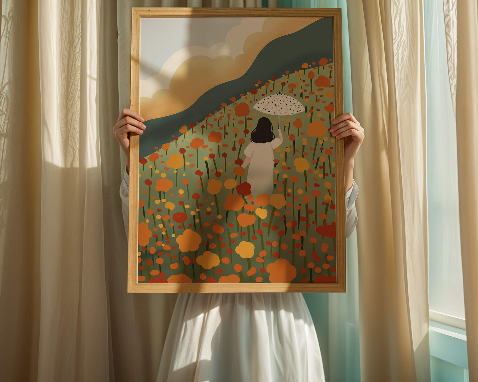 Woman with Umbrella in Blooming Field on a Sunny Day