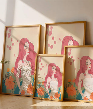 Illustration of a serene woman in a floral dress with flowing red hair