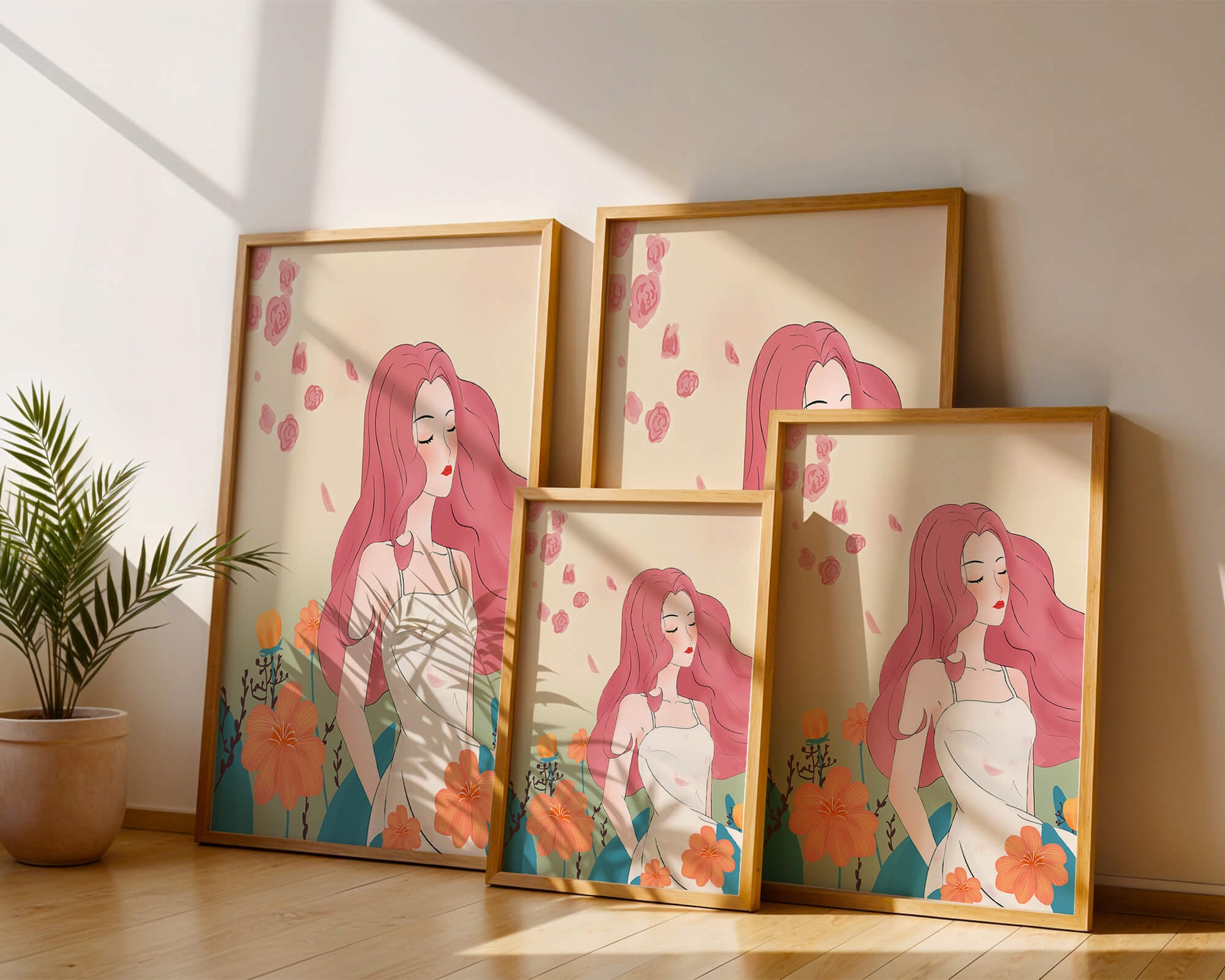 Illustration of a serene woman in a floral dress with flowing red hair