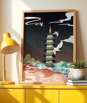 Scène illustrée d’une pagode traditionnelle avec des grues dans un paysage coloré