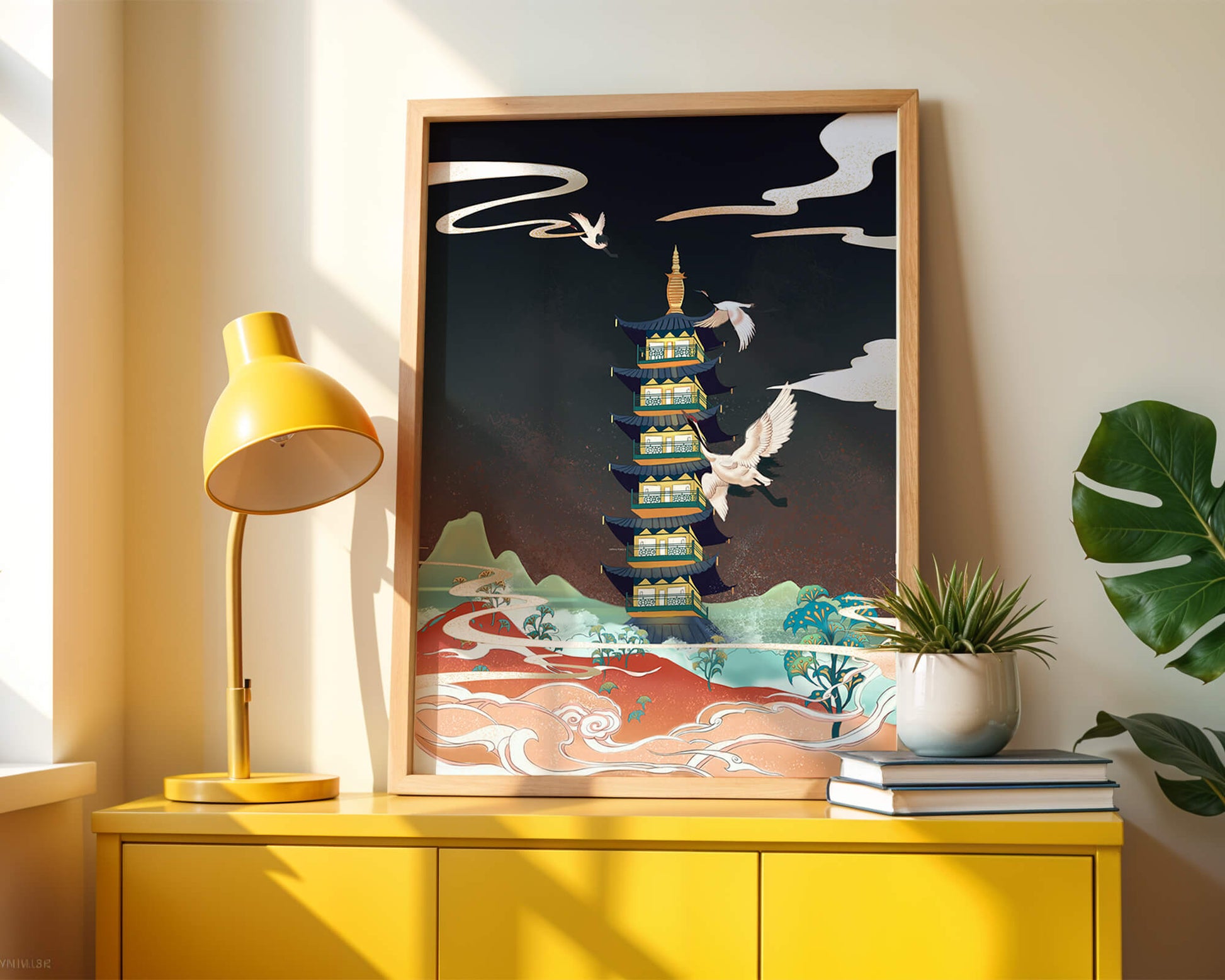 Illustrated scene of traditional pagoda with cranes in colorful landscape