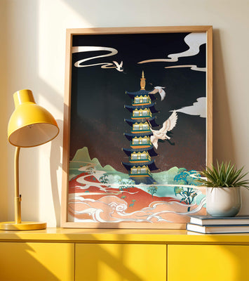 Illustrated scene of traditional pagoda with cranes in colorful landscape