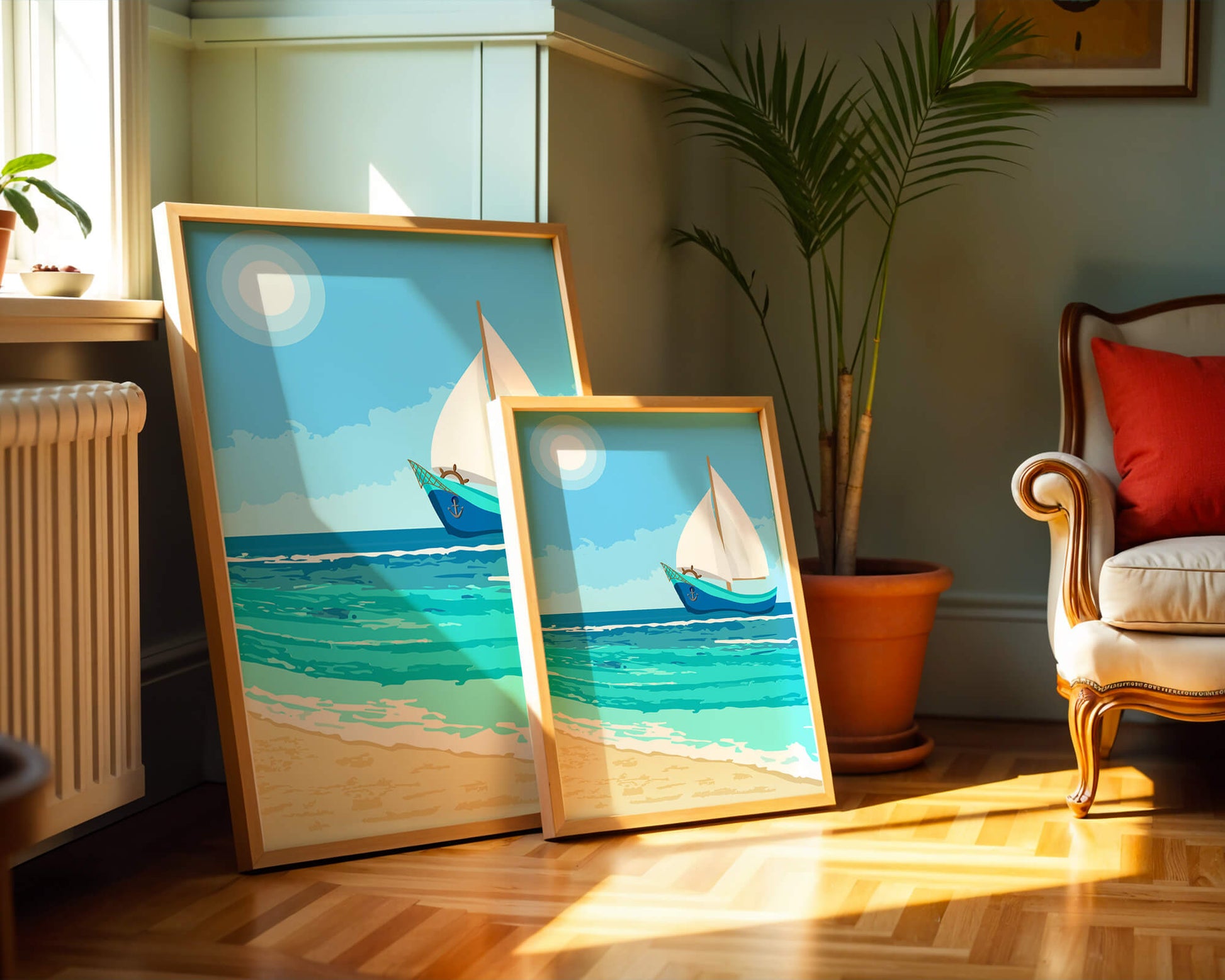 Serene ocean scenery with sailboat under the sun