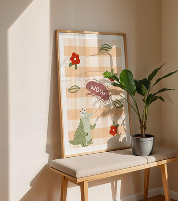 Playful Crocodile With Flowers And Speech Bubble On Checkered Background