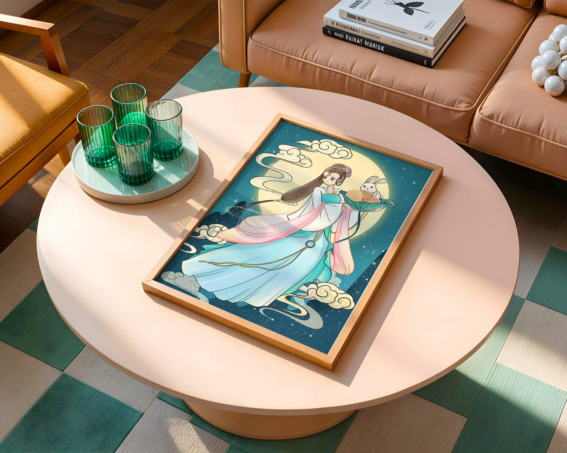 Traditional Asian-inspired artwork featuring a woman and rabbit under a moonlit sky
