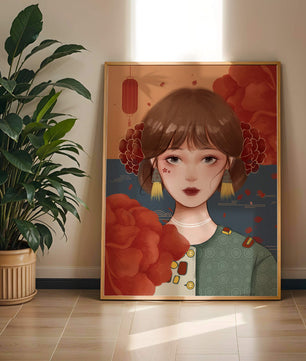 Digital art of a girl with floral and lantern elements