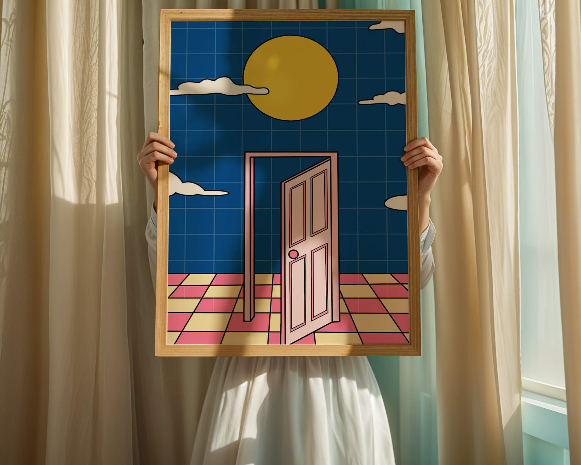 Surreal doorway with pink door under yellow sun and blue sky