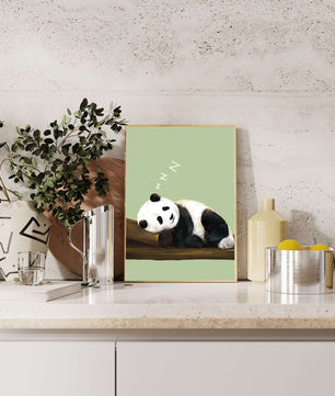 Peaceful panda resting on a log in a serene setting