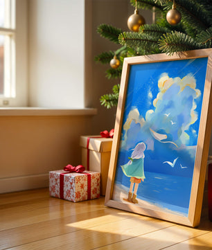 Young person gazing at a vibrant seaside sky with birds flying