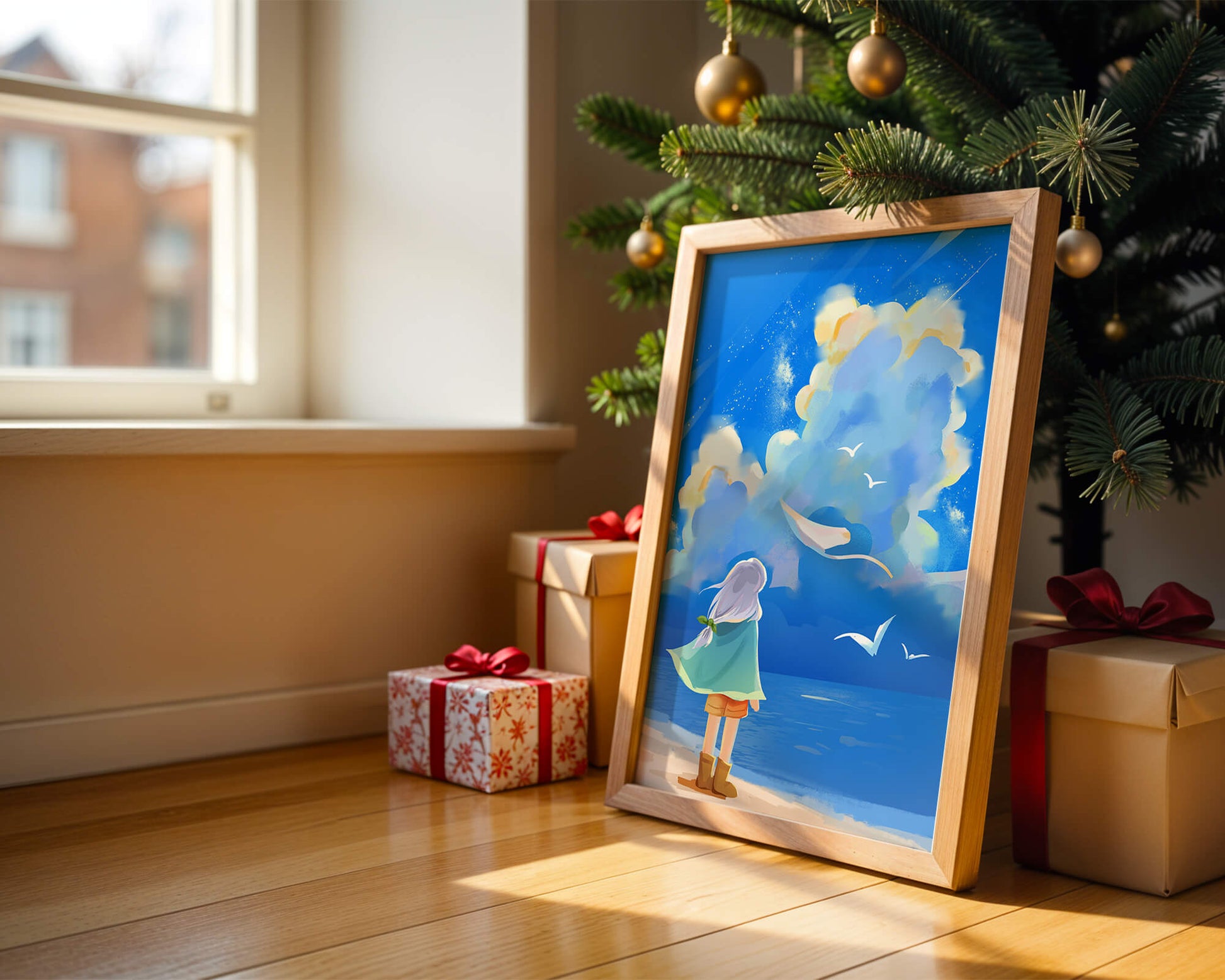 Young person gazing at a vibrant seaside sky with birds flying