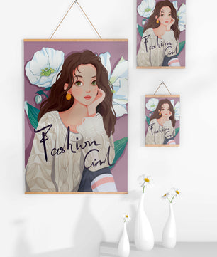 Illustrated fashion girl with floral background and purple theme