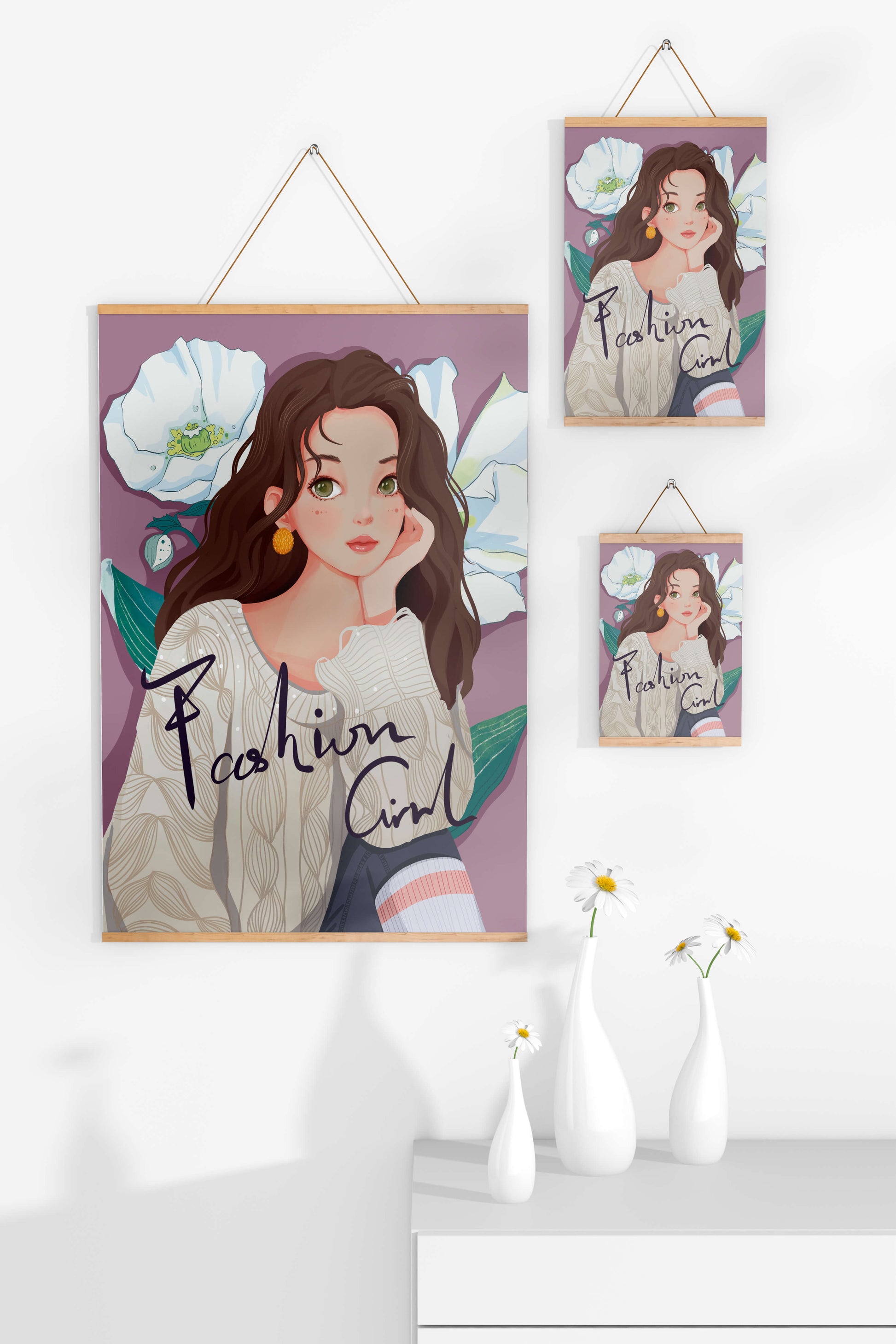 Illustrated fashion girl with floral background and purple theme