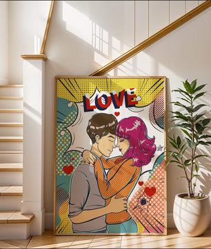 Ilustración de pop art romántico con pareja abrazándose y texto de amor