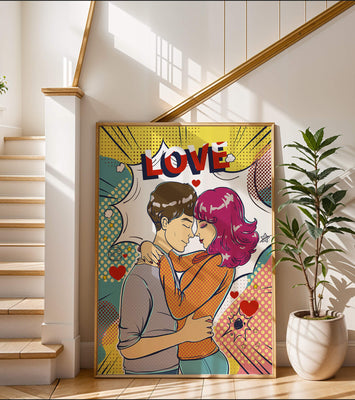 Romantic Pop Art Illustration with Embracing Couple and Love Text