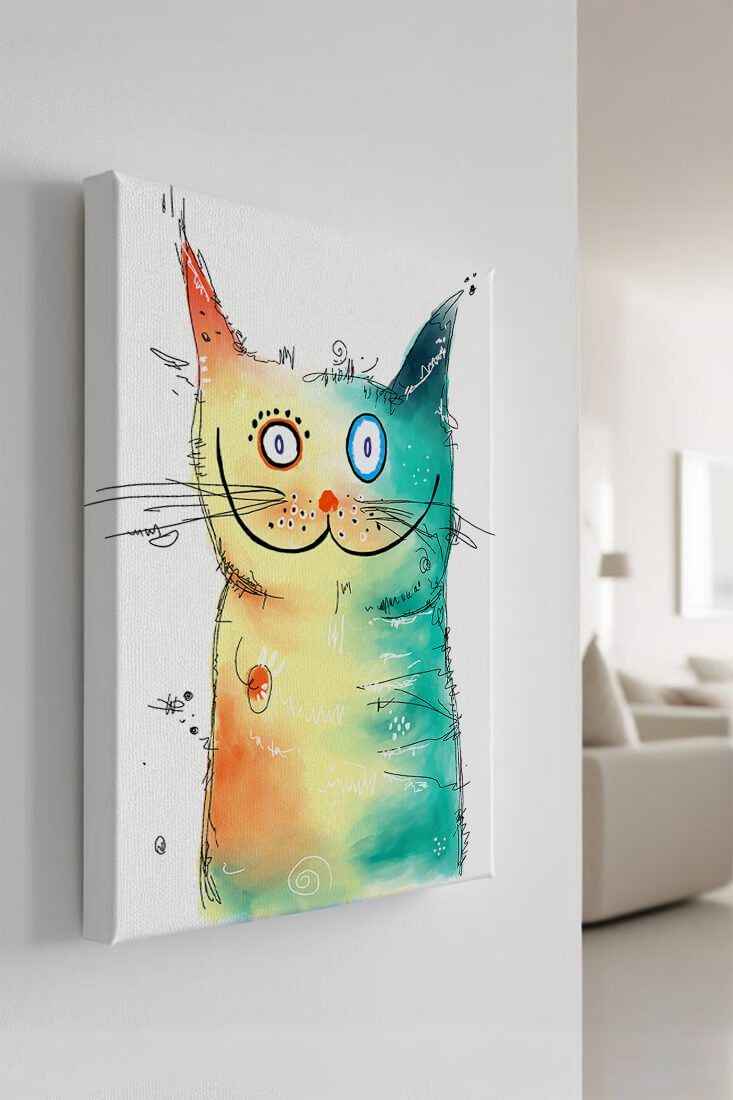 Artistic watercolor cat illustration with vibrant colors