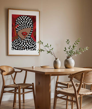 Abstract Art of Woman with Checkered Pattern and Red Lips - Mi tienda