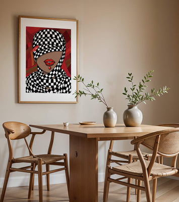 Abstract Art of Woman with Checkered Pattern and Red Lips
